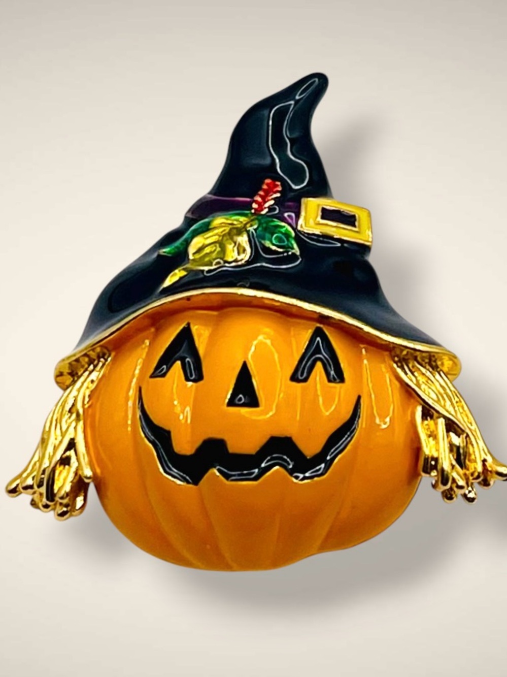 Vintage Halloween Enamel Jack-O'-Lantern Pumpkin Scarecrow Witch Brooch Pin - Picture 5 of 11